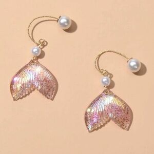 Faux pearl incandescent glitter Mermaid tail dangle drop statement earrings